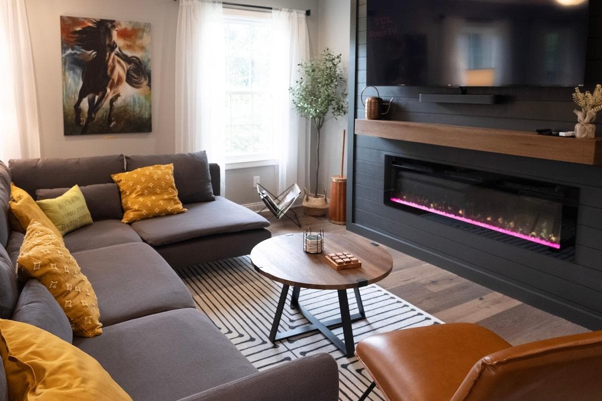 Electric fireplace and 75 inch TV