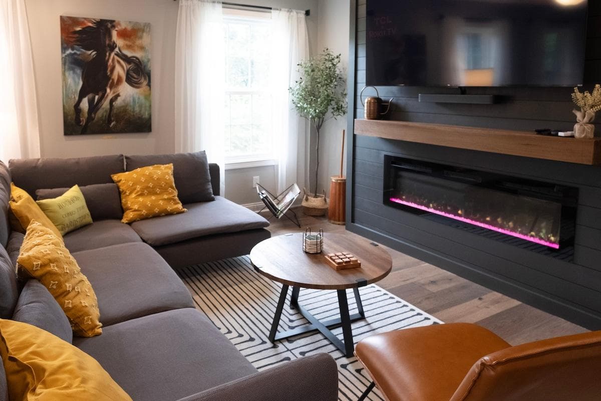 Electric fireplace and 75 inch TV